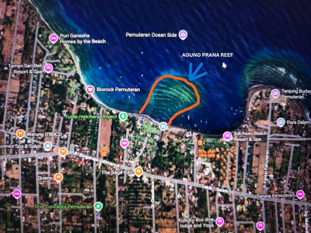 Map of the Agung Prana Reef Restoration Project, Pemuteran Bay, North West Bali